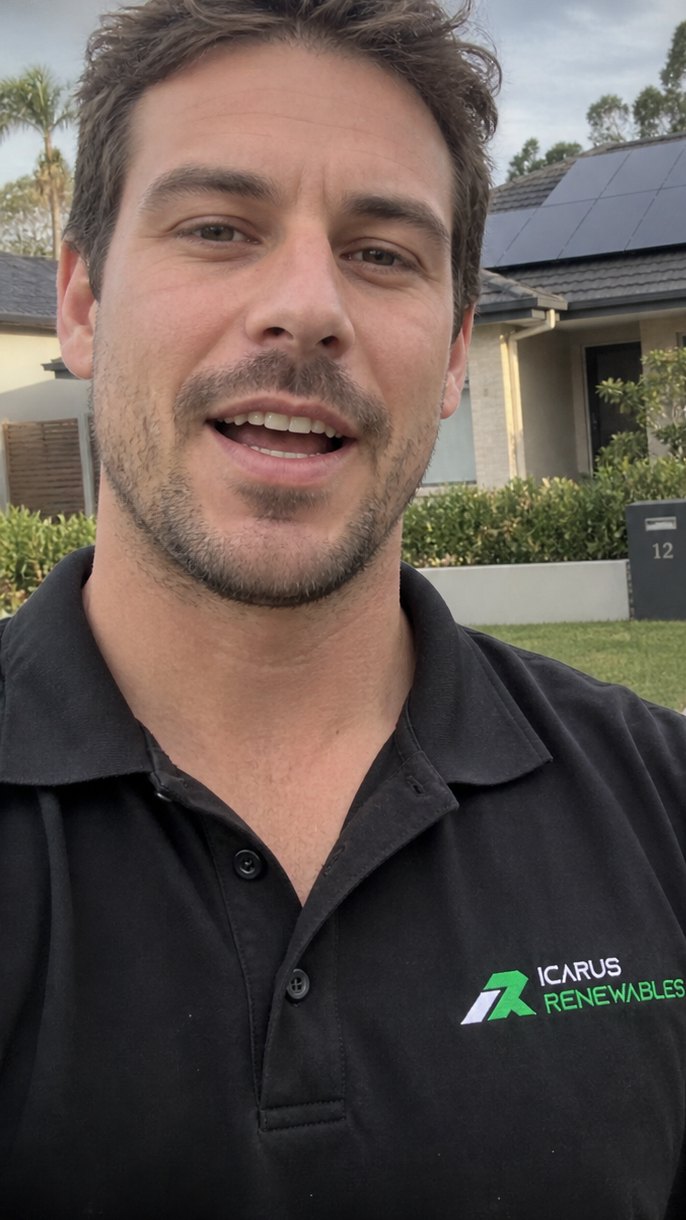 Illustrative photo of an installer in an Icarus Renewables polo in front of a rooftop solar install