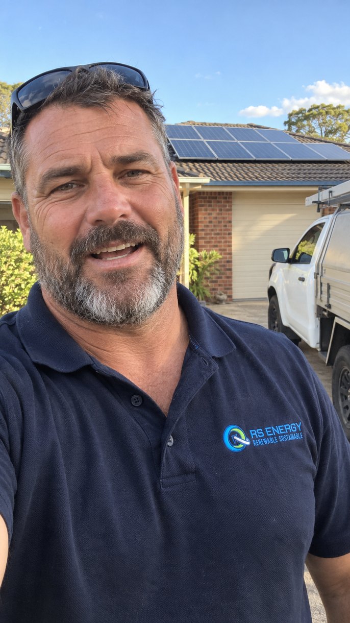 Illustrative photo of an installer in an RS Energy polo in front of a rooftop solar install